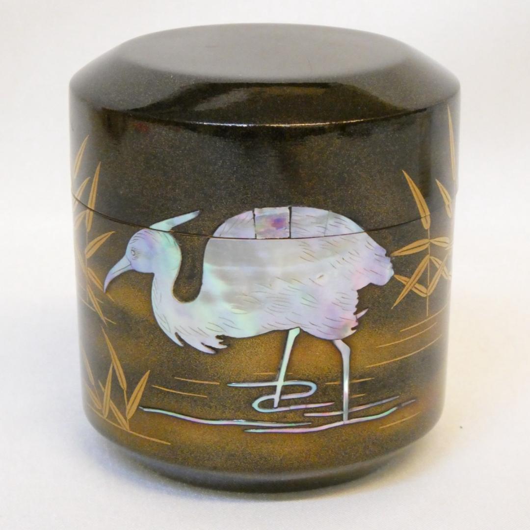 Kaga Maki-e Natsume Tea Caddy — Raden Heron & Reed by Maehata Shunsai II, Signed Tomobako