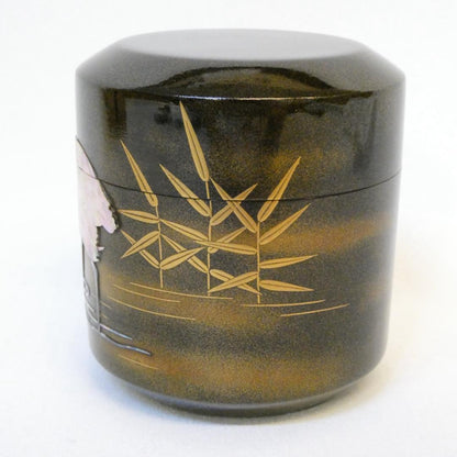 Kaga Maki-e Natsume Tea Caddy — Raden Heron & Reed by Maehata Shunsai II, Signed Tomobako