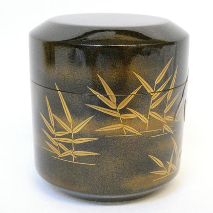 Kaga Maki-e Natsume Tea Caddy — Raden Heron & Reed by Maehata Shunsai II, Signed Tomobako