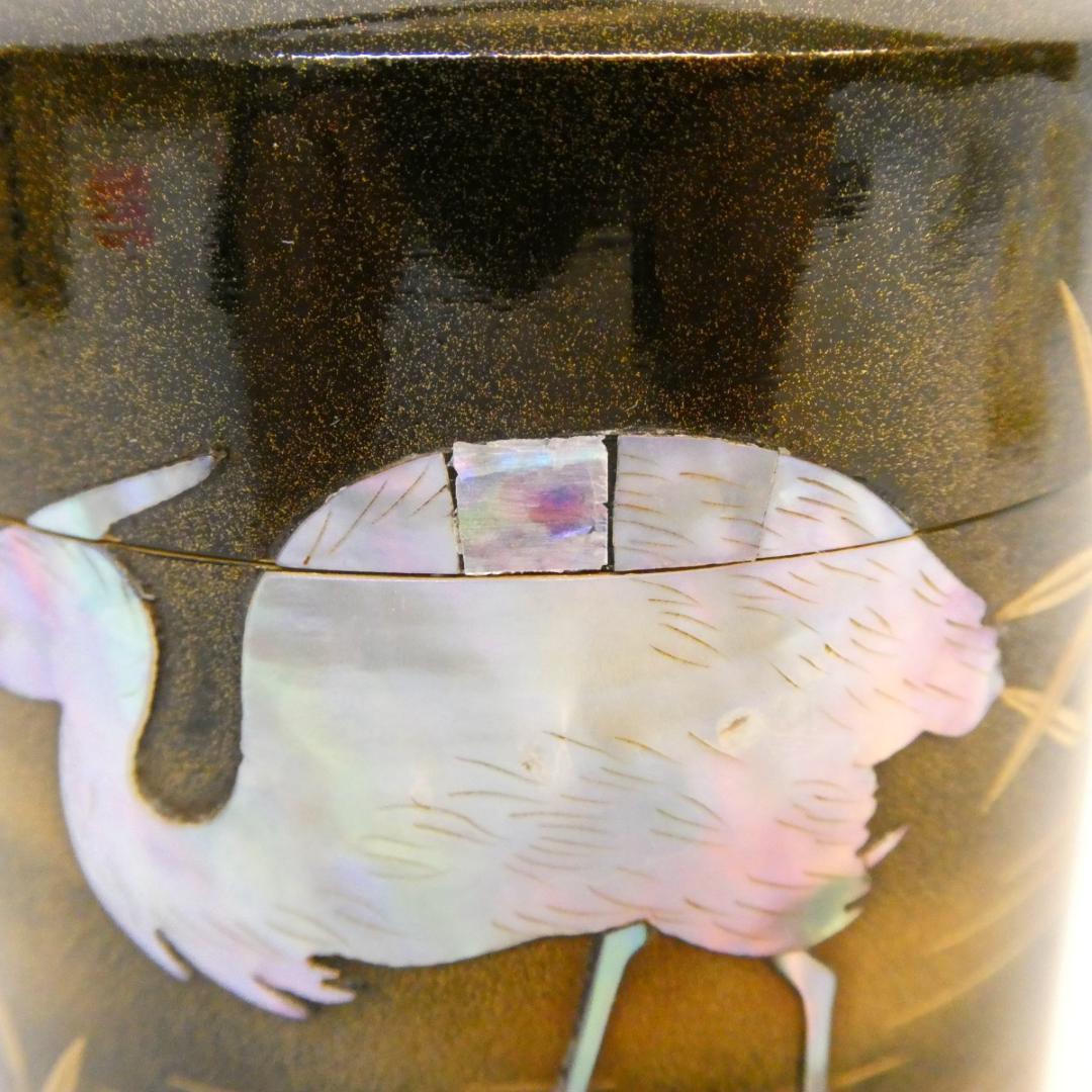 Kaga Maki-e Natsume Tea Caddy — Raden Heron & Reed by Maehata Shunsai II, Signed Tomobako