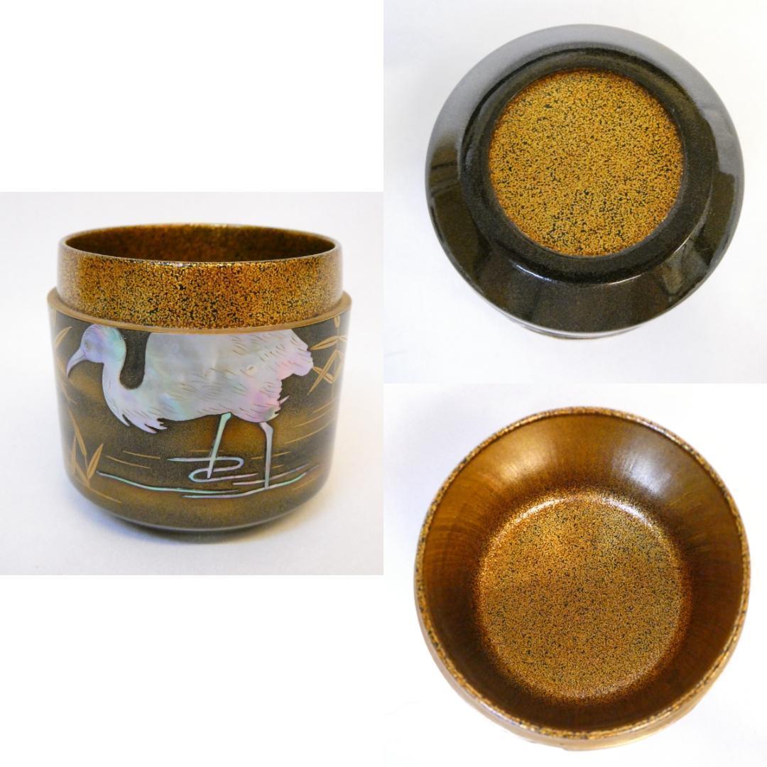 Kaga Maki-e Natsume Tea Caddy — Raden Heron & Reed by Maehata Shunsai II, Signed Tomobako