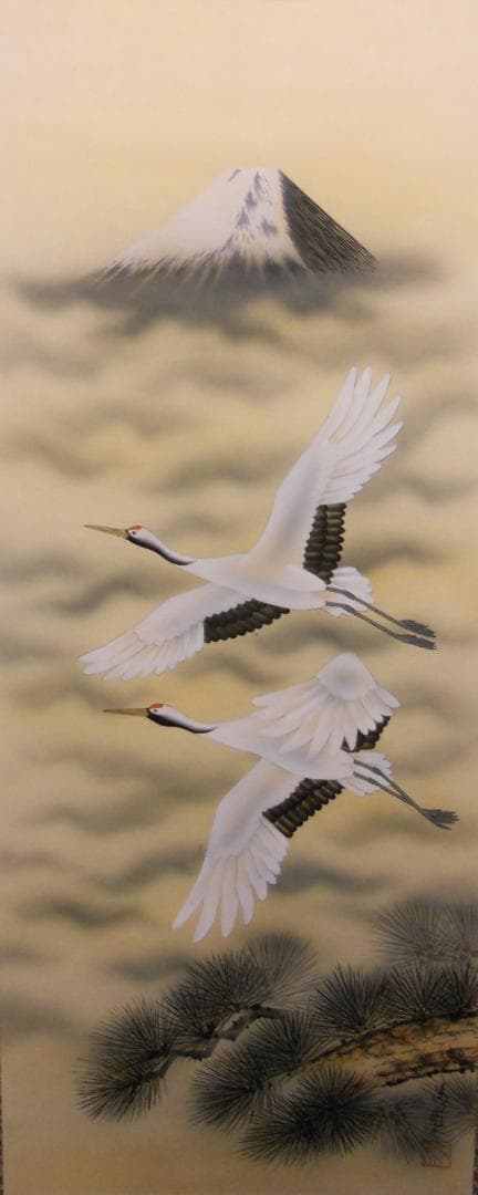 Seiho Cranes Over Mount Fuji Silk Scroll, Reiho Hisho Nihonga Kakejiku