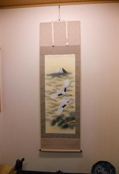 Seiho Cranes Over Mount Fuji Silk Scroll, Reiho Hisho Nihonga Kakejiku