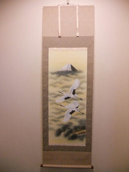 Seiho Cranes Over Mount Fuji Silk Scroll, Reiho Hisho Nihonga Kakejiku