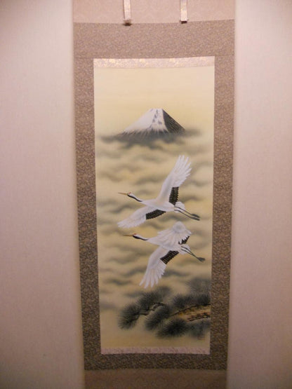 Seiho Cranes Over Mount Fuji Silk Scroll, Reiho Hisho Nihonga Kakejiku