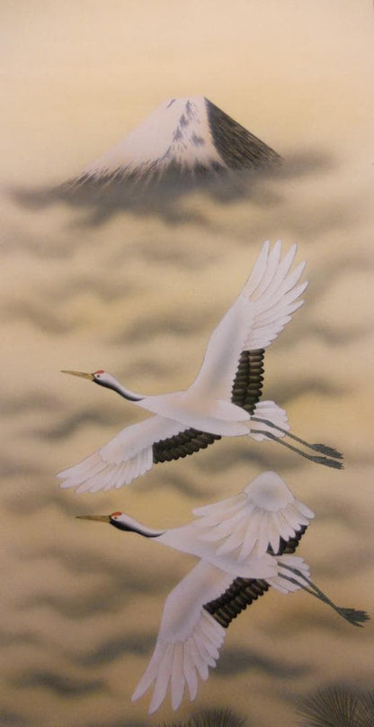 Seiho Cranes Over Mount Fuji Silk Scroll, Reiho Hisho Nihonga Kakejiku