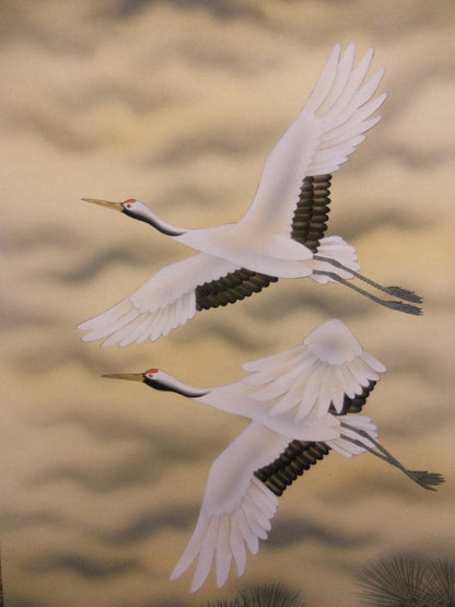 Seiho Cranes Over Mount Fuji Silk Scroll, Reiho Hisho Nihonga Kakejiku