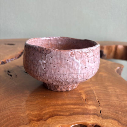 Aka Raku Matcha Bowl Hand-Built Pink Salmon Crackle Glaze Japanese Tea Ceremony