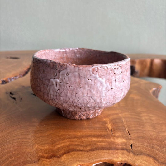 Aka Raku Matcha Bowl Hand-Built Pink Salmon Crackle Glaze Japanese Tea Ceremony