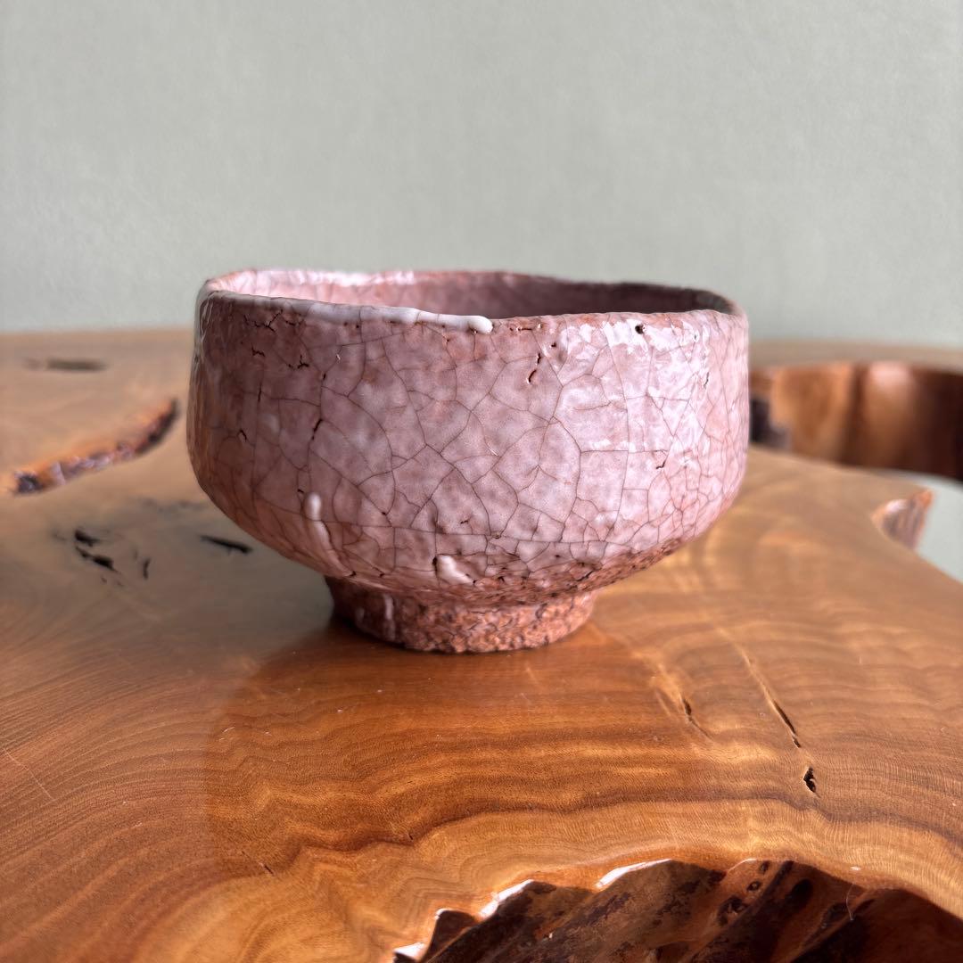 Aka Raku Matcha Bowl Hand-Built Pink Salmon Crackle Glaze Japanese Tea Ceremony