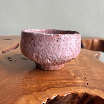 Aka Raku Matcha Bowl Hand-Built Pink Salmon Crackle Glaze Japanese Tea Ceremony