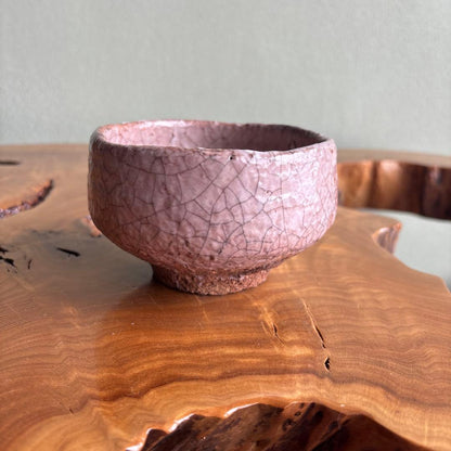 Aka Raku Matcha Bowl Hand-Built Pink Salmon Crackle Glaze Japanese Tea Ceremony
