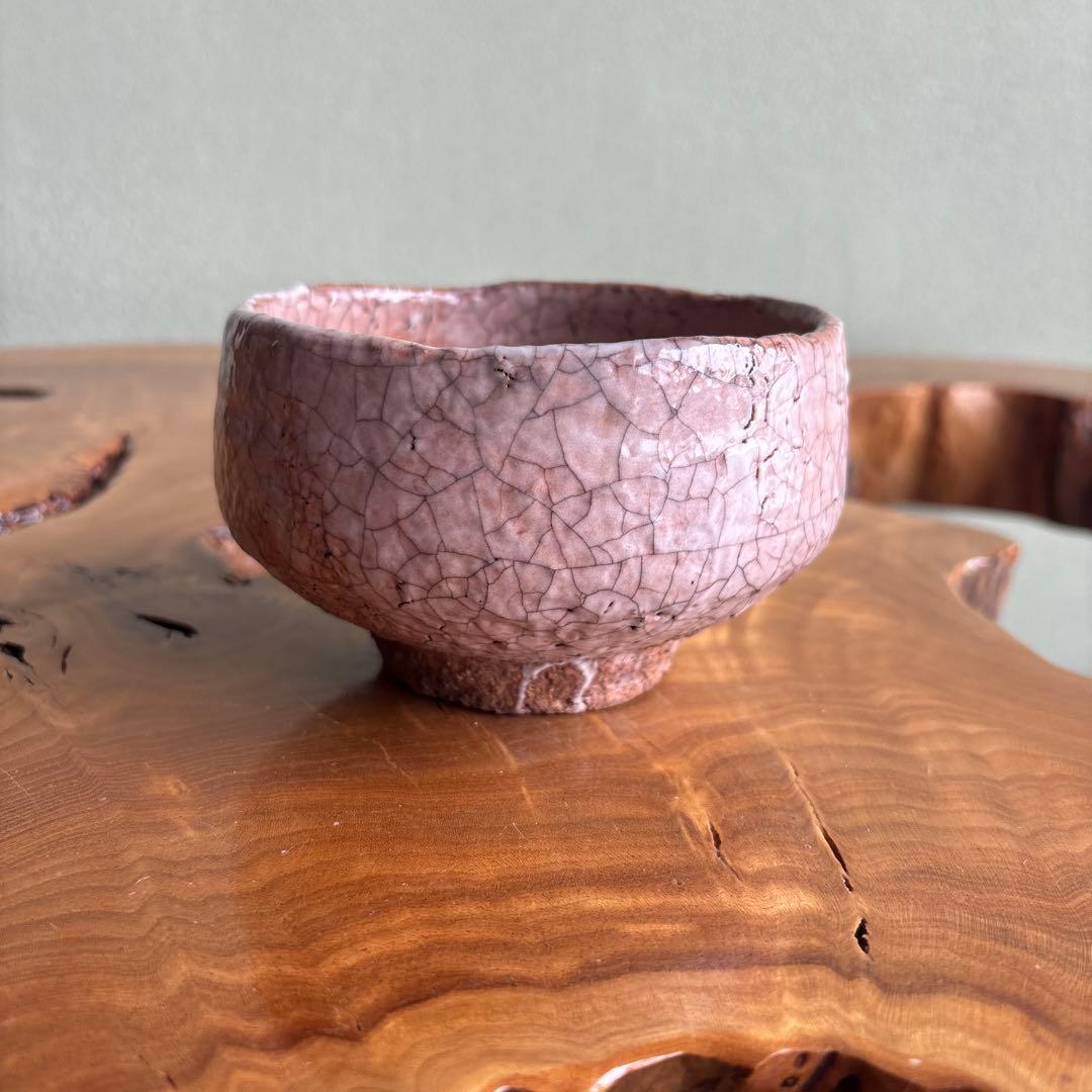 Aka Raku Matcha Bowl Hand-Built Pink Salmon Crackle Glaze Japanese Tea Ceremony