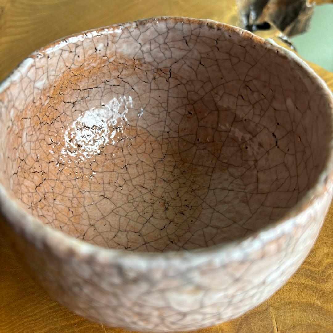 Aka Raku Matcha Bowl Hand-Built Pink Salmon Crackle Glaze Japanese Tea Ceremony