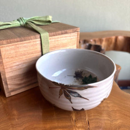 Matcha Bowl Ninsei Autumn Maple Leaf Iron Glaze Chawan Wood Box