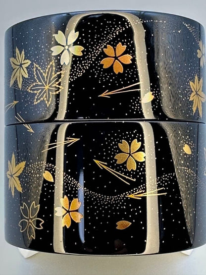 Kawakami Koho Shunjuu Maki-e Nakatsugi — Cherry Blossom Maple Gold Lacquer Tea Caddy Tomobako