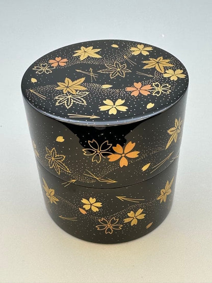 Kawakami Koho Shunjuu Maki-e Nakatsugi — Cherry Blossom Maple Gold Lacquer Tea Caddy Tomobako