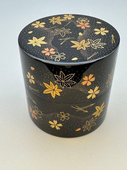 Kawakami Koho Shunjuu Maki-e Nakatsugi — Cherry Blossom Maple Gold Lacquer Tea Caddy Tomobako