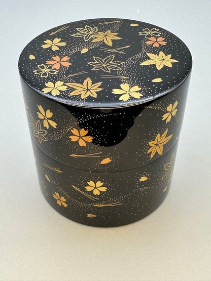 Kawakami Koho Shunjuu Maki-e Nakatsugi — Cherry Blossom Maple Gold Lacquer Tea Caddy Tomobako