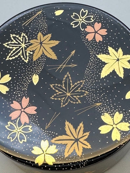 Kawakami Koho Shunjuu Maki-e Nakatsugi — Cherry Blossom Maple Gold Lacquer Tea Caddy Tomobako