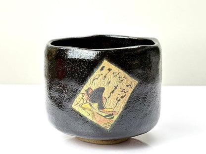 Higaki Kazan Black Raku Tea Bowl — Ono no Komachi Poem Motif, Theme 'Uta', Unused, Signed Box
