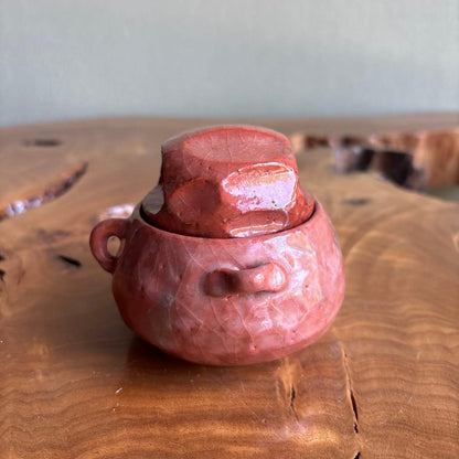 Aka Raku Tea Caddy (Chaire) by Kawasaki Waraku — Red Raku Glaze, Ceramic Lid, Signed Wooden Box