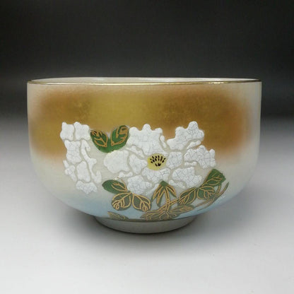 Kutani Ware Tea Bowl by Hakusui - Camellia Overglaze Enamel Chawan with Crackle Glaze
