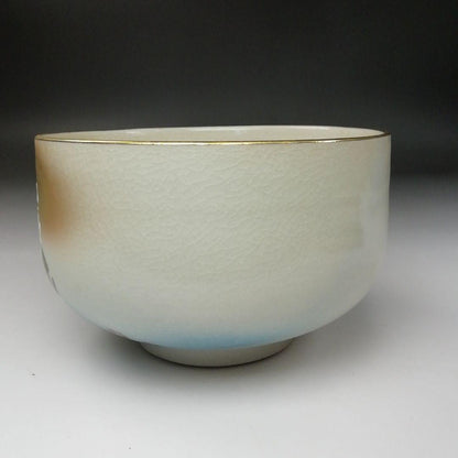 Kutani Ware Tea Bowl by Hakusui - Camellia Overglaze Enamel Chawan with Crackle Glaze