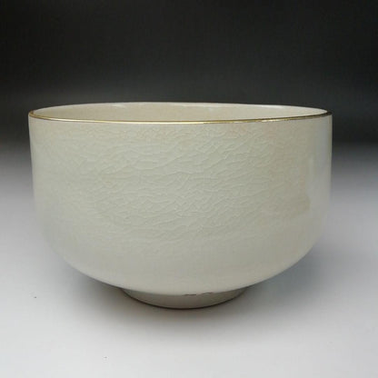 Kutani Ware Tea Bowl by Hakusui - Camellia Overglaze Enamel Chawan with Crackle Glaze