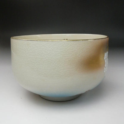 Kutani Ware Tea Bowl by Hakusui - Camellia Overglaze Enamel Chawan with Crackle Glaze