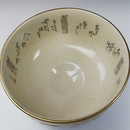 Kutani Ware Tea Bowl by Hakusui - Camellia Overglaze Enamel Chawan with Crackle Glaze