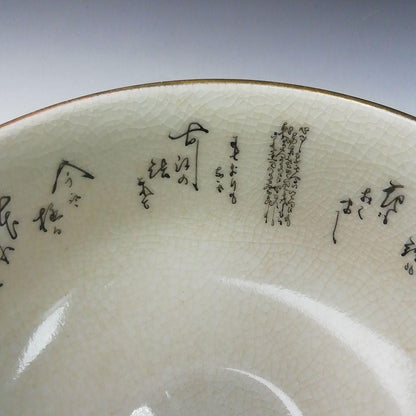 Kutani Ware Tea Bowl by Hakusui - Camellia Overglaze Enamel Chawan with Crackle Glaze