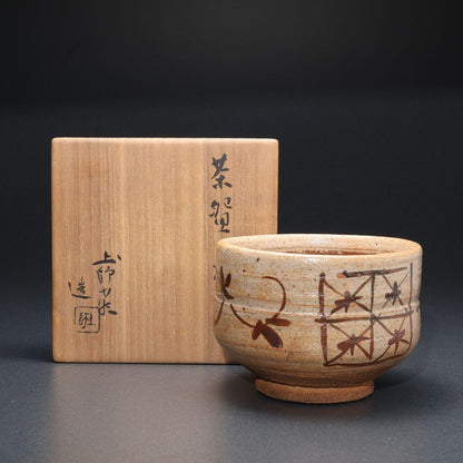 Kato Hajime — E-Karatsu Tea Bowl with Iron Lattice and Flower, Living National Treasure