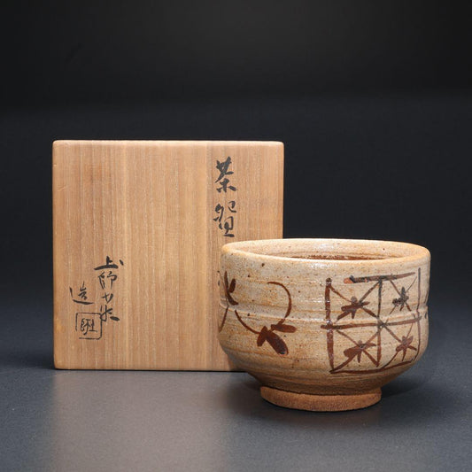 Kato Hajime — E-Karatsu Tea Bowl with Iron Lattice and Flower, Living National Treasure