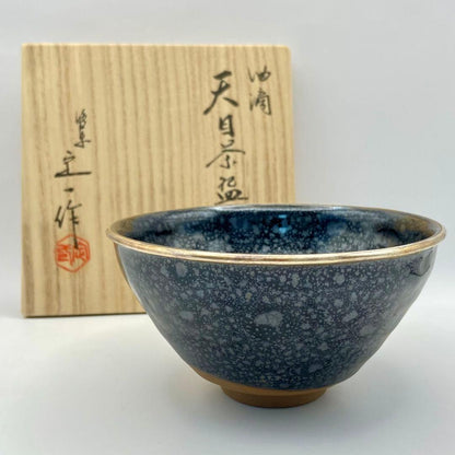 Oketani Teiichi — Yuteki Tenmoku Tea Bowl | Oil Spot Glaze with Silver Rim, Kyo-yaki
