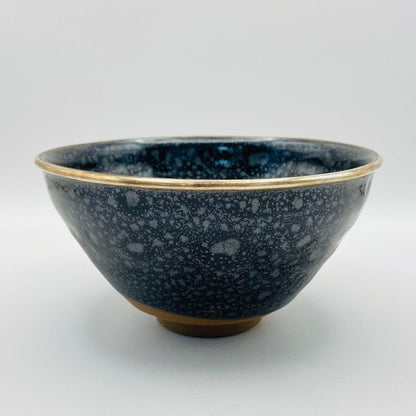 Oketani Teiichi — Yuteki Tenmoku Tea Bowl | Oil Spot Glaze with Silver Rim, Kyo-yaki
