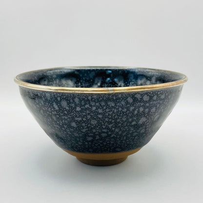 Oketani Teiichi — Yuteki Tenmoku Tea Bowl | Oil Spot Glaze with Silver Rim, Kyo-yaki