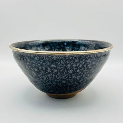 Oketani Teiichi — Yuteki Tenmoku Tea Bowl | Oil Spot Glaze with Silver Rim, Kyo-yaki