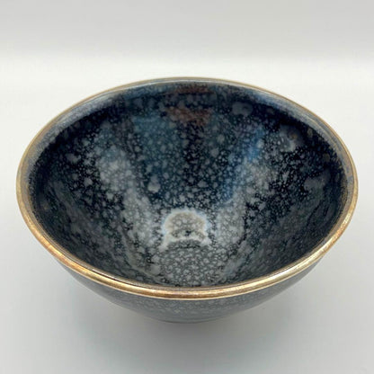 Oketani Teiichi — Yuteki Tenmoku Tea Bowl | Oil Spot Glaze with Silver Rim, Kyo-yaki