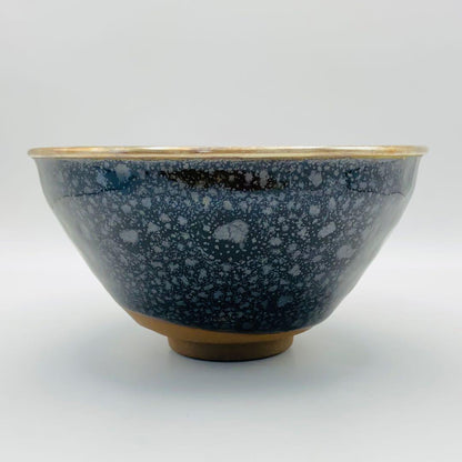 Oketani Teiichi — Yuteki Tenmoku Tea Bowl | Oil Spot Glaze with Silver Rim, Kyo-yaki