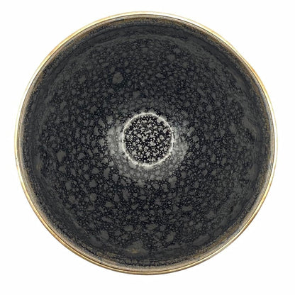 Oketani Teiichi — Yuteki Tenmoku Tea Bowl | Oil Spot Glaze with Silver Rim, Kyo-yaki