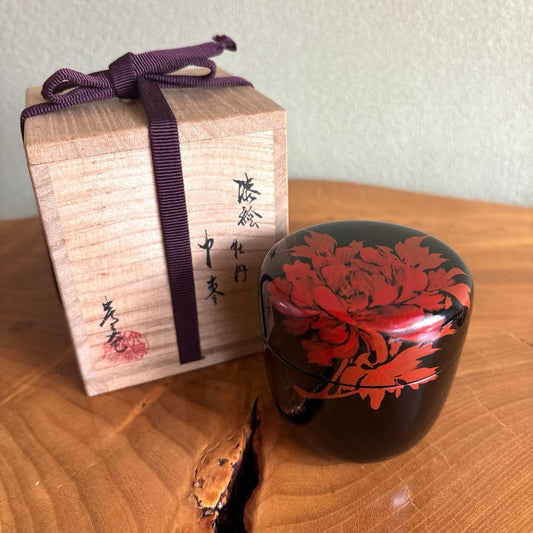 Japanese Lacquer Tea Caddy Chu-Natsume with Red Peony Urushi-e Painting