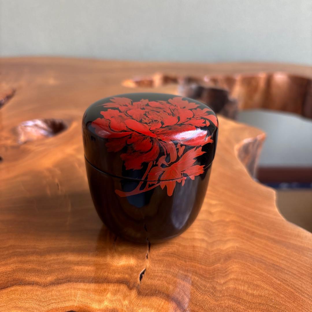 Japanese Lacquer Tea Caddy Chu-Natsume with Red Peony Urushi-e Painting