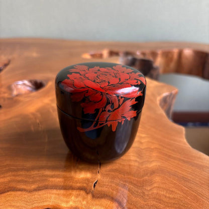 Japanese Lacquer Tea Caddy Chu-Natsume with Red Peony Urushi-e Painting