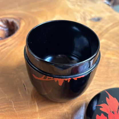 Japanese Lacquer Tea Caddy Chu-Natsume with Red Peony Urushi-e Painting
