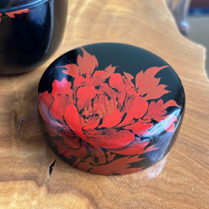 Japanese Lacquer Tea Caddy Chu-Natsume with Red Peony Urushi-e Painting