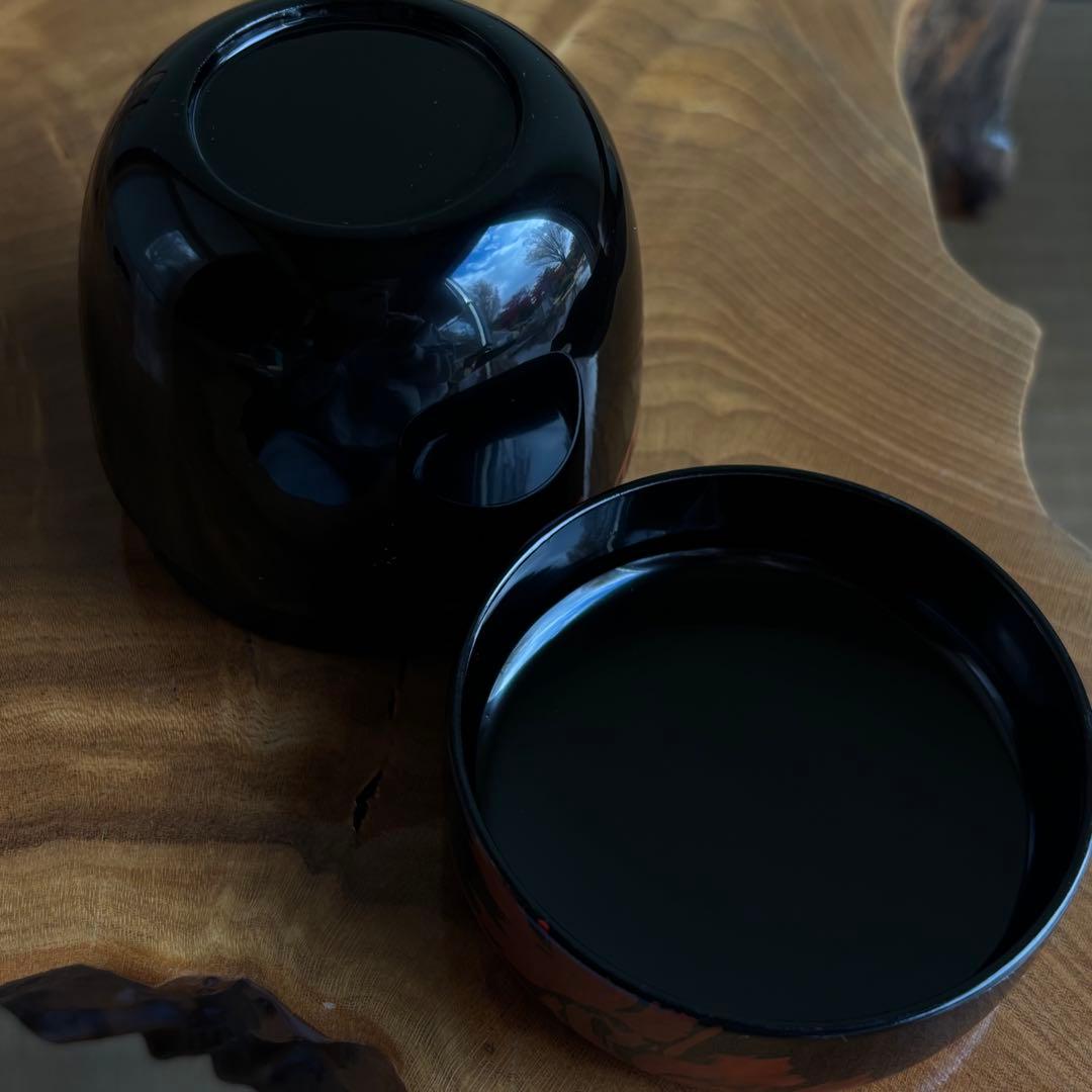 Japanese Lacquer Tea Caddy Chu-Natsume with Red Peony Urushi-e Painting