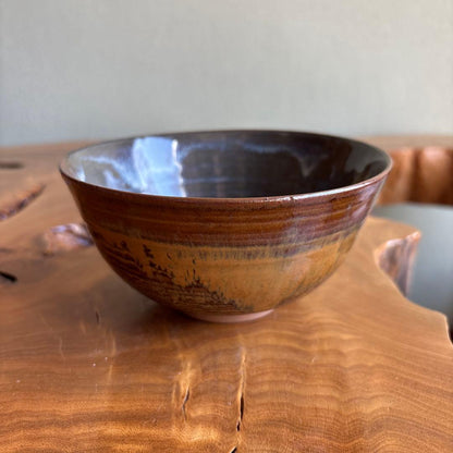 Takatori-yaki Tea Bowl by Kamei Miraku — Amber Glaze Landscape, Enshu Seven Kilns Lineage