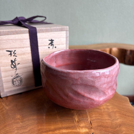 Aka-Raku Pink Tea Bowl by Sasaki Shoraku - Kyoto Raku Ware Chawan with Keshiki Smoke Effect and Signed Tomobako