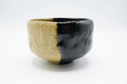 Split Black and Gold Raku Tea Bowl 'Zuiun' by Shoraku III - Two-Tone Kyoto Chawan